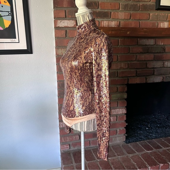 Anthropologie Byron Lars Metallic Sequin Long Sleeve Bodysuit in Bronze Sz 10 - Picture 4 of 7
